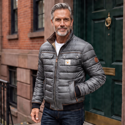 Dean quilted winter jacket in gray, worn with dark jeans