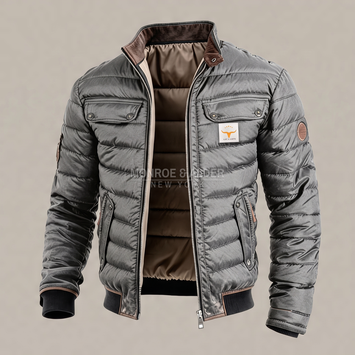 Dean quilted winter jacket in gray, open to show the lining
