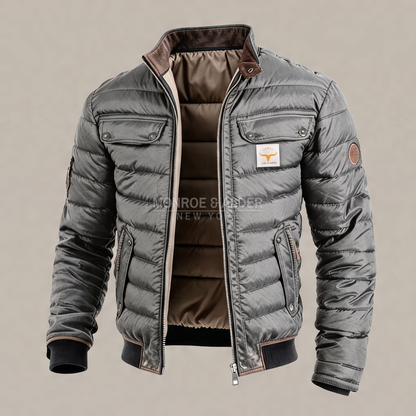 Dean quilted winter jacket in gray, open to show the lining