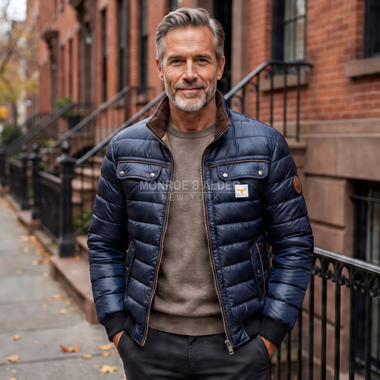 Dean quilted winter jacket in navy, worn open on a New York street