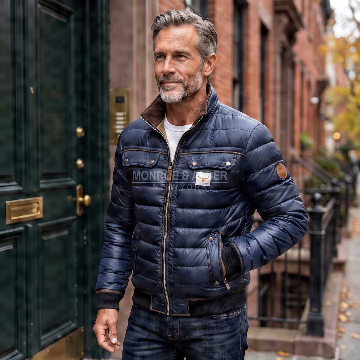 Dean quilted winter jacket in navy, three-quarter view with hand in pocket
