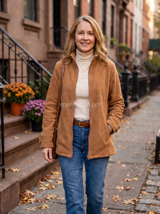 Diane stand collar fleece jacket in camel, front view