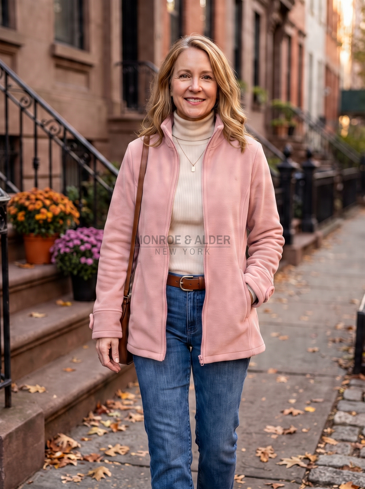Diane stand collar fleece jacket in pink, front view