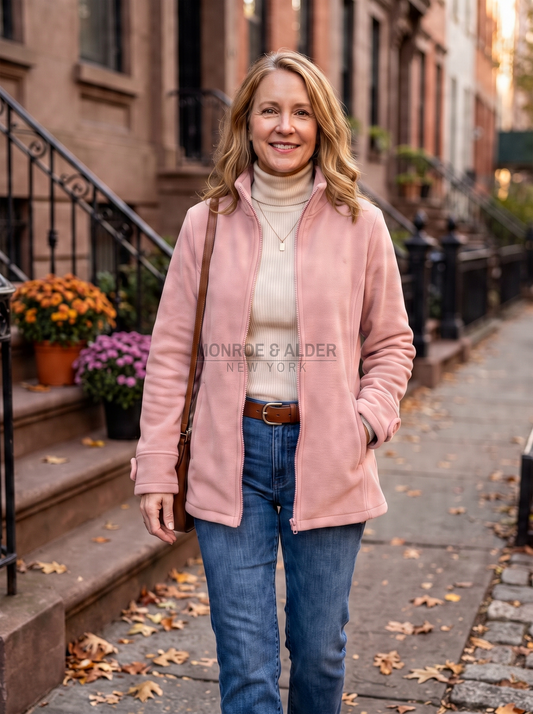 Diane stand collar fleece jacket in pink, front view