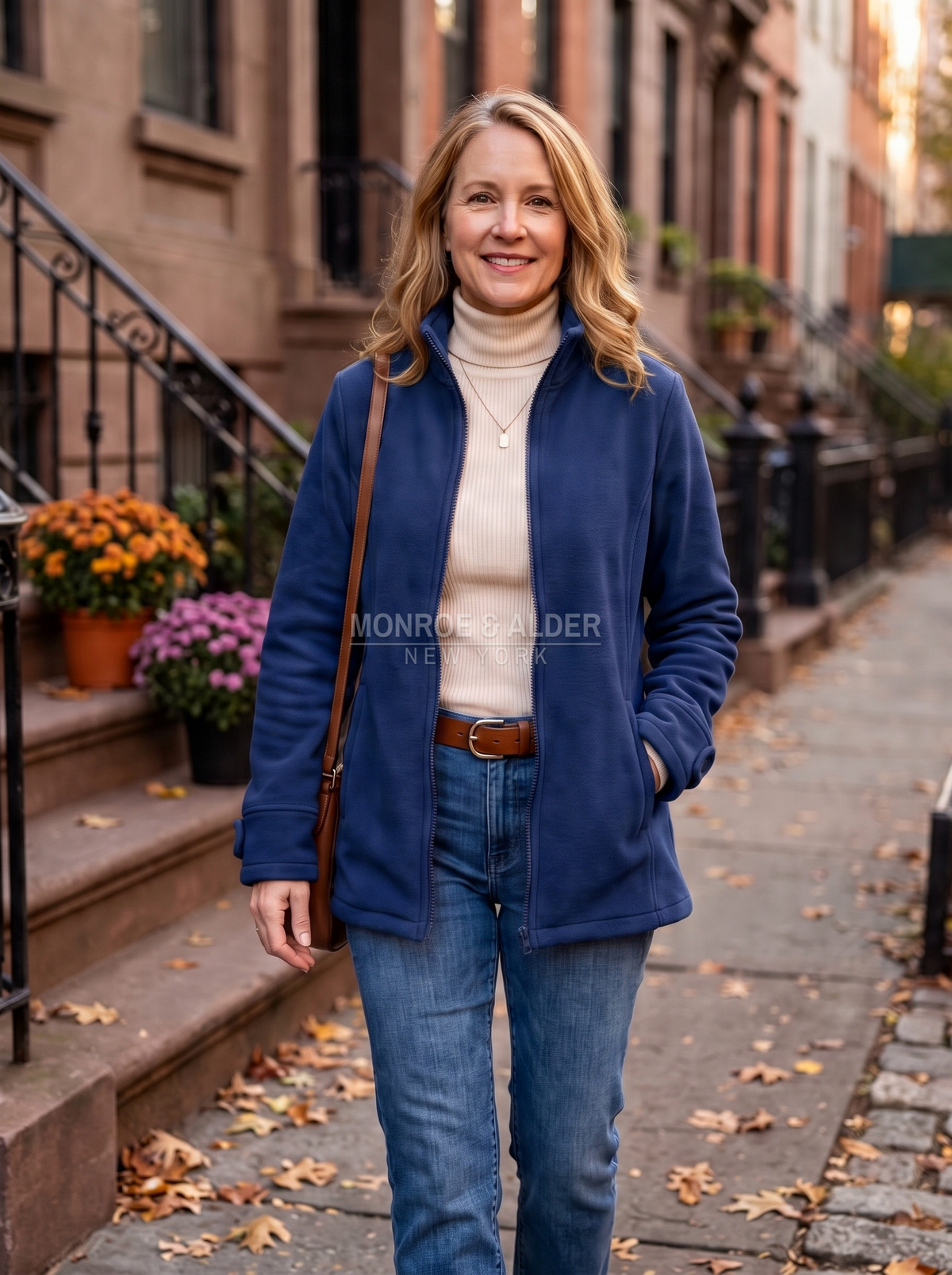 Diane stand collar fleece jacket in blue, front view
