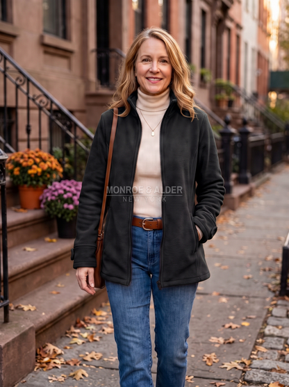 Diane stand collar fleece jacket in black, front view