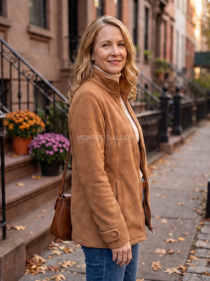 Diane stand collar fleece jacket in camel, three-quarter view