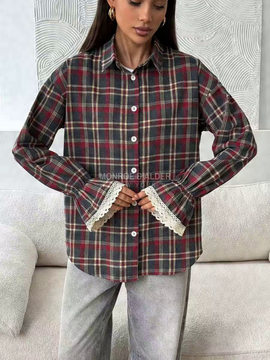 Doreen lace cuff plaid shirt in red tartan, front view with crochet lace cuffs