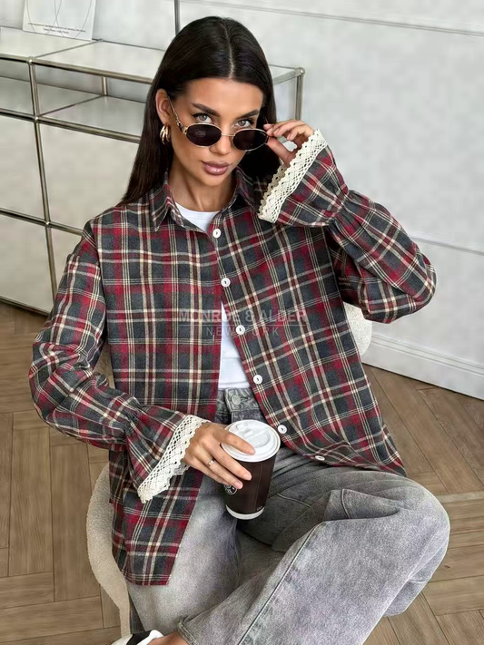 Red tartan Doreen shirt worn open over a white tee with jeans