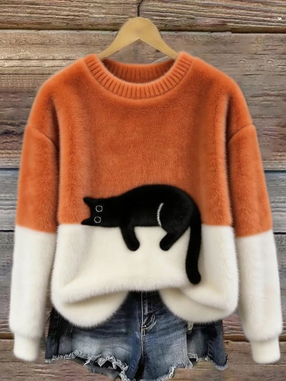 Bonnie cat print oversized sweater in orange, front view