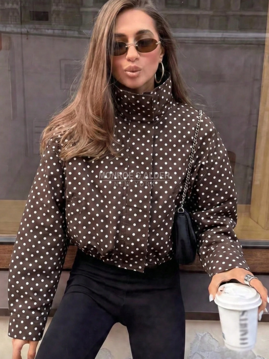Edna polka dot jacket in brown, front view