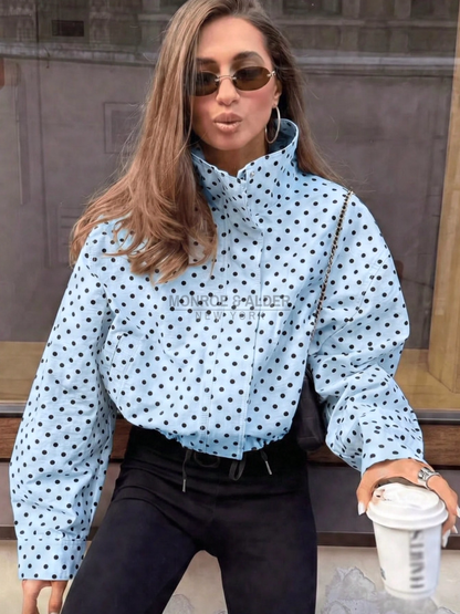 Edna polka dot jacket in light blue, front view