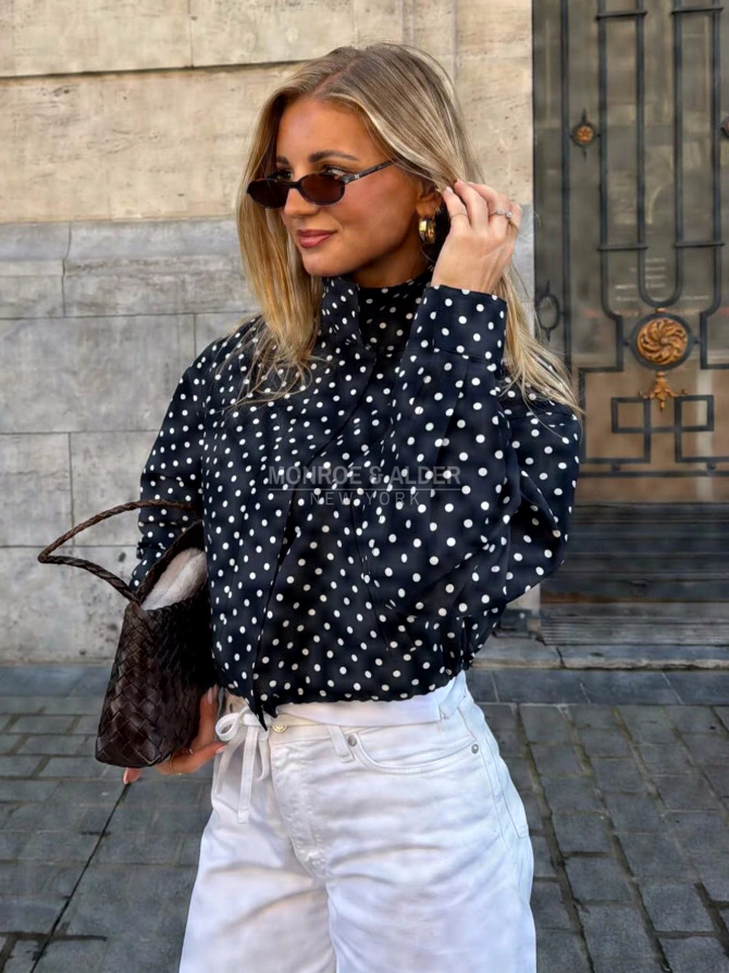 Edna polka dot jacket in navy, front view