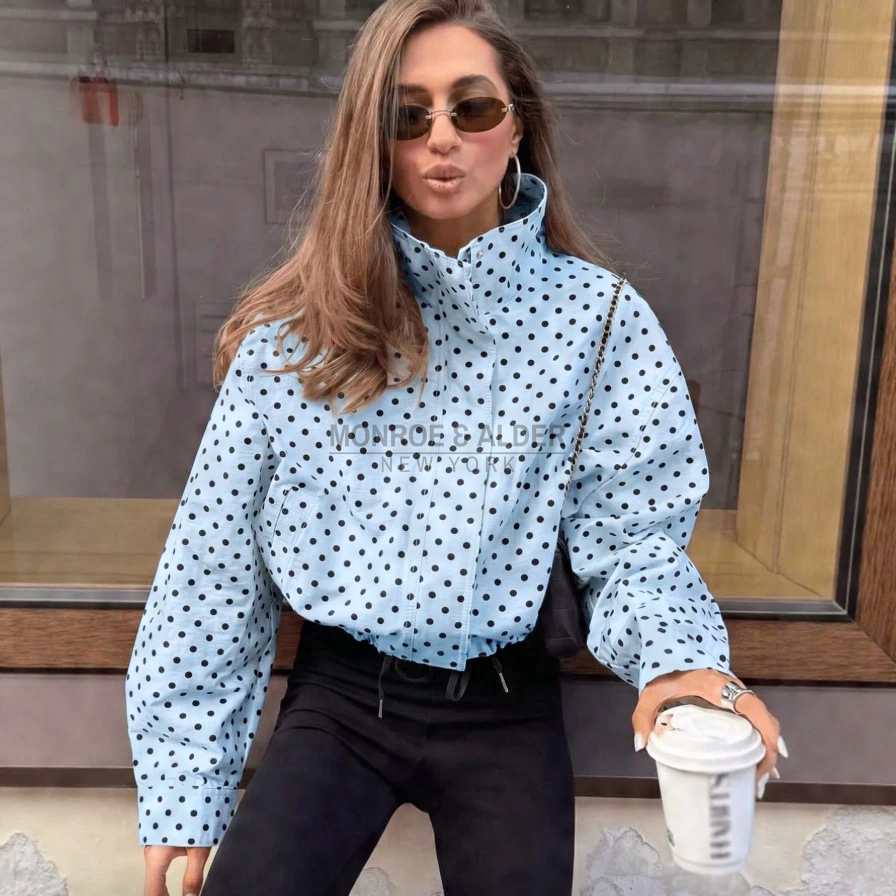 Edna polka dot jacket in light blue worn with black jeans