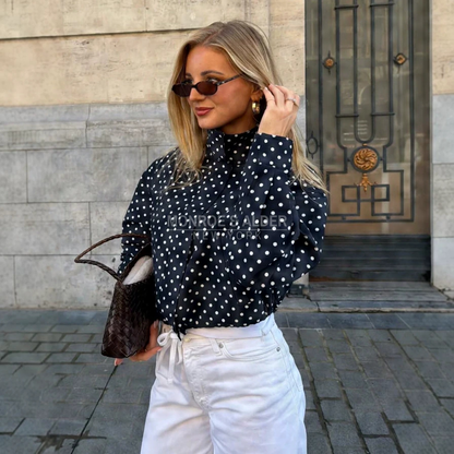 Edna polka dot jacket in navy worn with white jeans