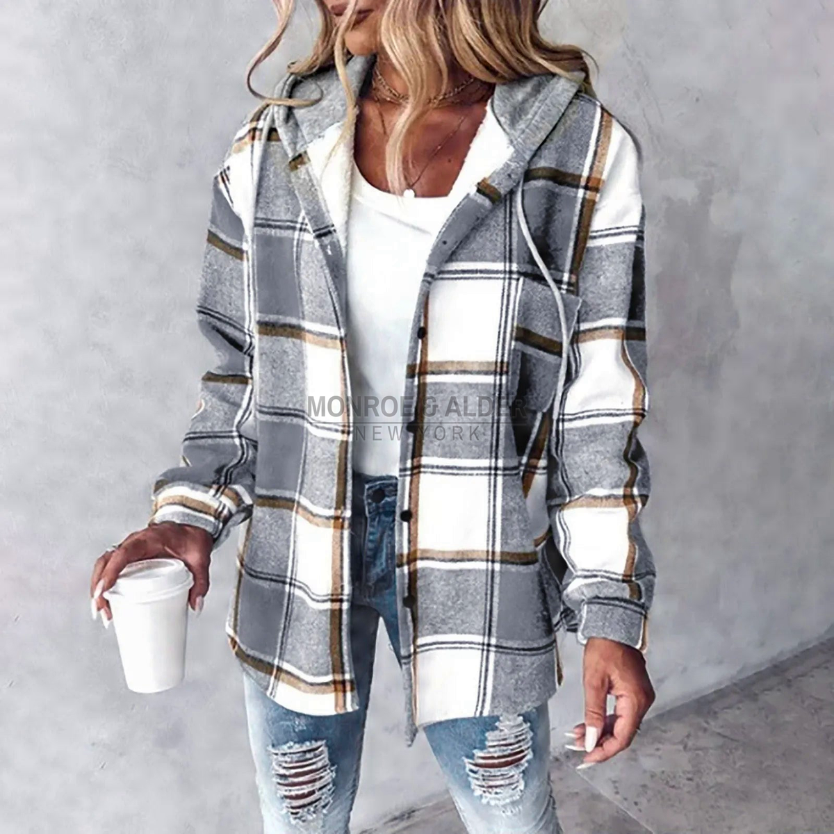 Ellen lined hooded overshirt in gray plaid