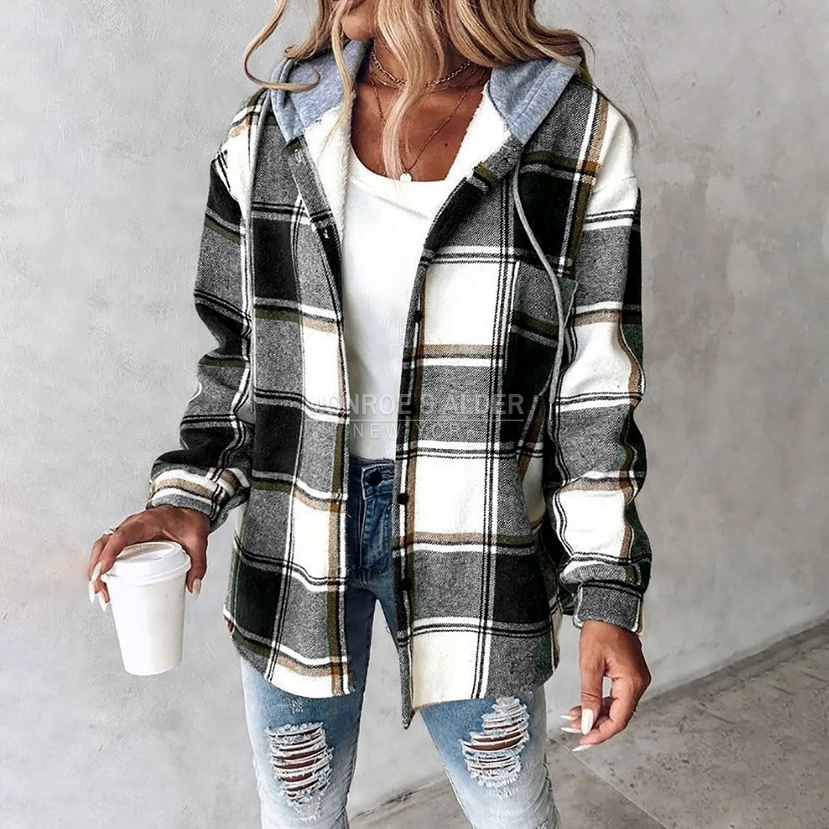 Ellen lined hooded overshirt in black plaid