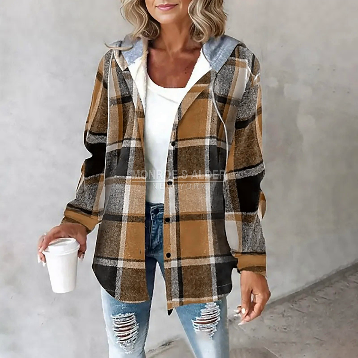 Ellen lined hooded overshirt in camel plaid