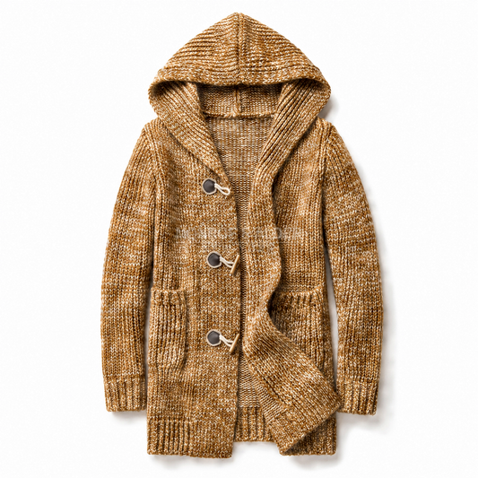 Emmett hooded toggle cardigan in Camel, front view laid flat