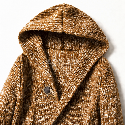 The oversized hood and top horn toggle on the Emmett cardigan in Camel