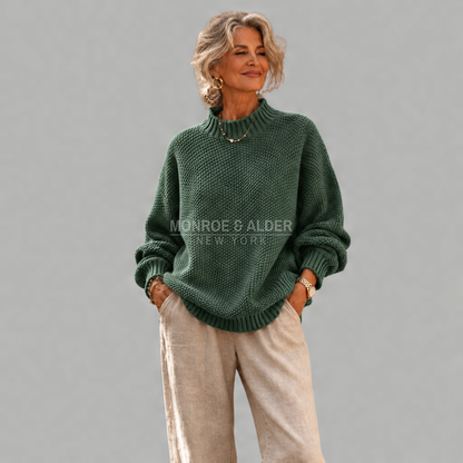 Esther relaxed mock neck sweater in dark green, front view with linen trousers