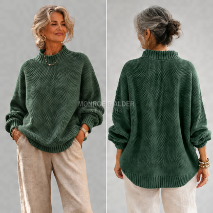 Esther sweater in dark green, front and back view showing the curved hem
