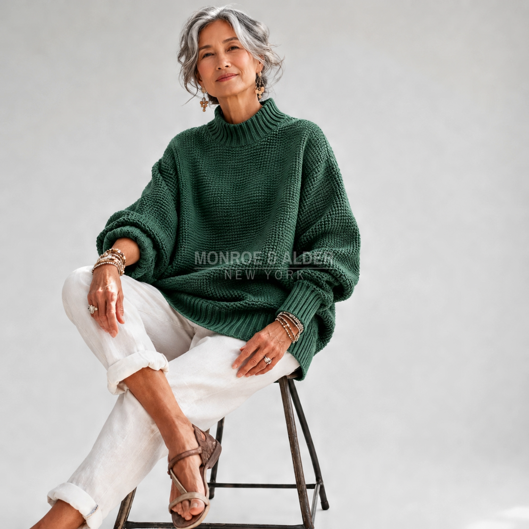 Esther sweater in dark green, seated with white jeans