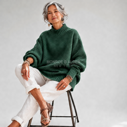Esther sweater in dark green, seated with white jeans