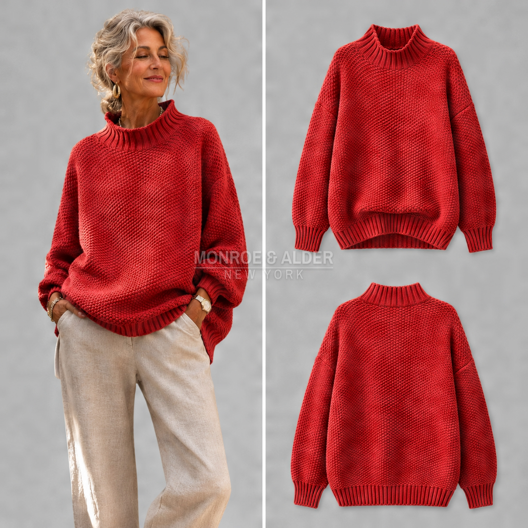 Esther sweater in red with linen trousers, plus front and back flat view