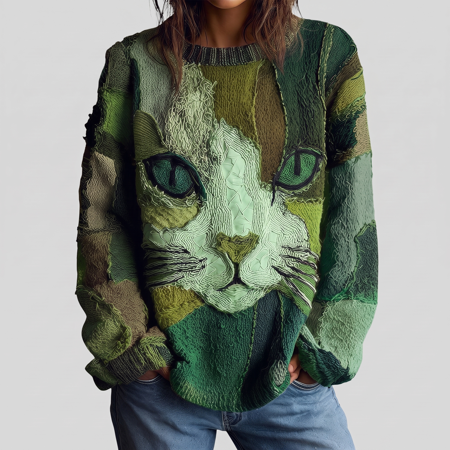 Etta artistic cat statement sweater in green multi, showing the relaxed everyday fit