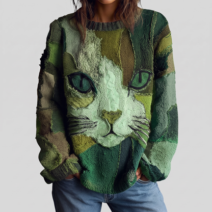 Etta artistic cat statement sweater in green multi, showing the relaxed everyday fit