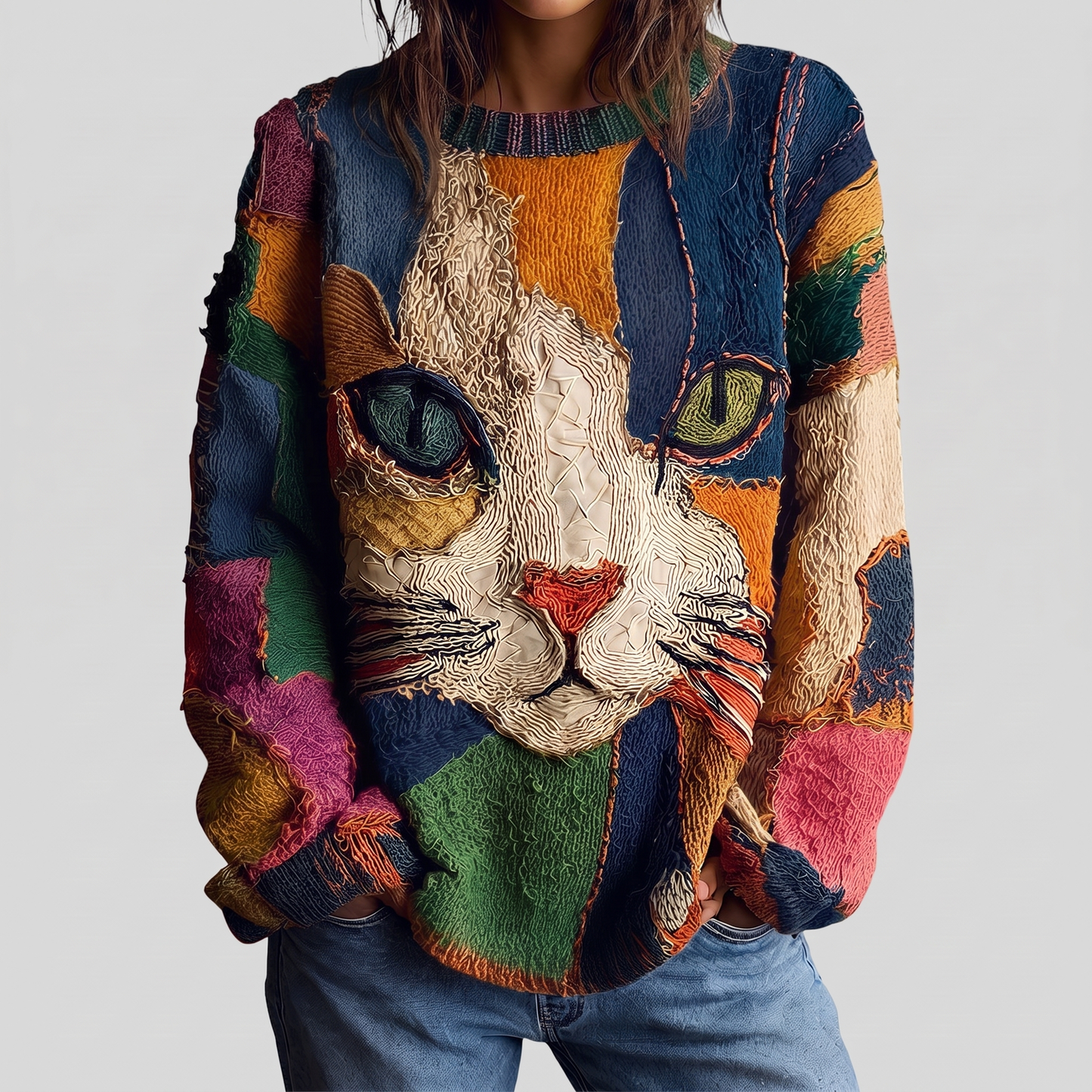 Etta artistic cat statement sweater in navy multi, front view