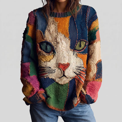 Etta artistic cat statement sweater in navy multi, front view