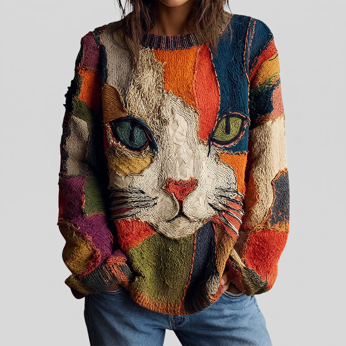 Etta artistic cat statement sweater in orange multi, front view
