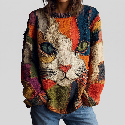 Etta artistic cat statement sweater in orange multi, front view