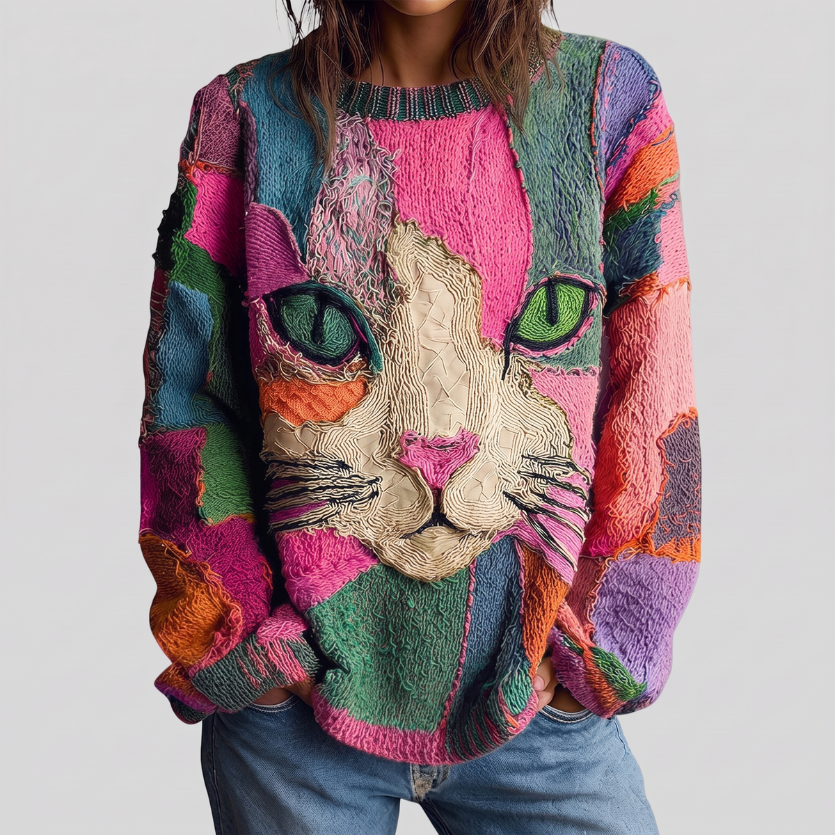 Etta artistic cat statement sweater in pink multi, front view
