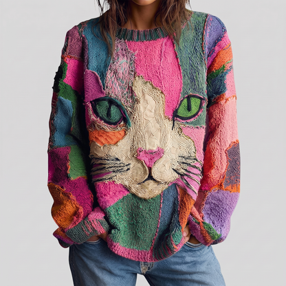 Etta artistic cat statement sweater in pink multi, front view