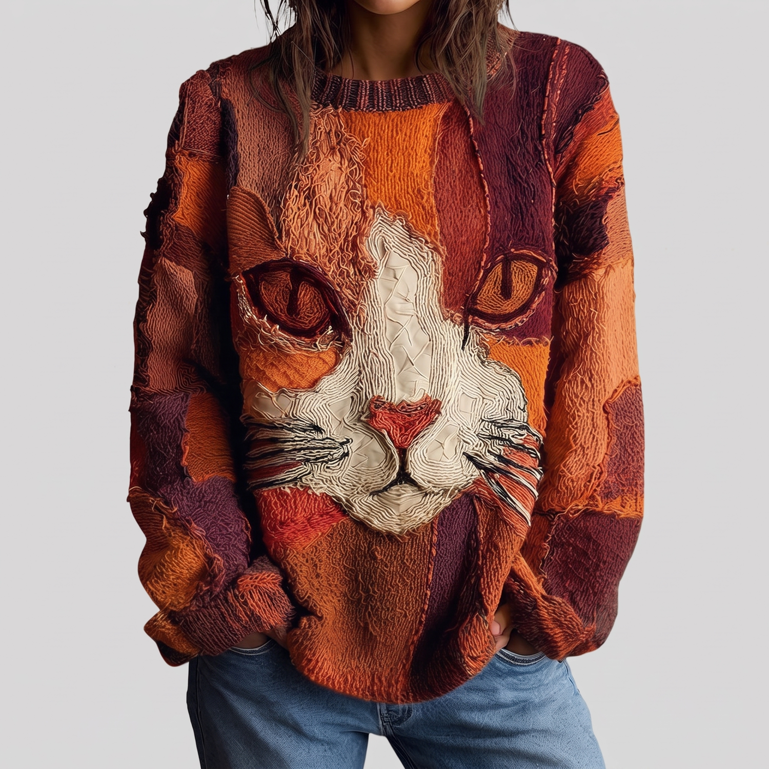 Etta artistic cat statement sweater in rust multi, front view