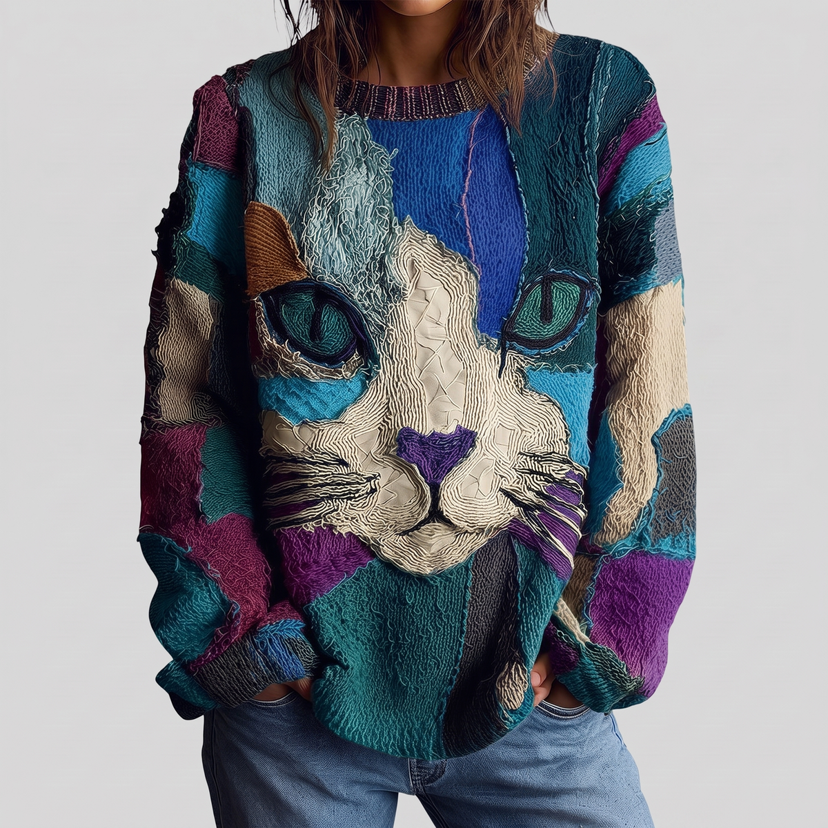 Etta artistic cat statement sweater in teal multi, front view