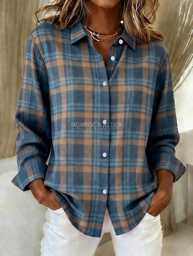 Eugenia blue and camel plaid blouse, front view