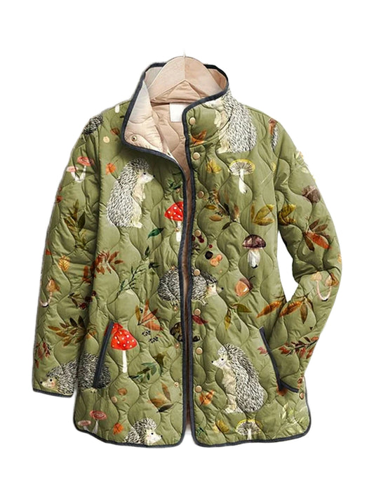 Fern quilted jacket in an olive woodland print with hedgehogs and mushrooms, front view