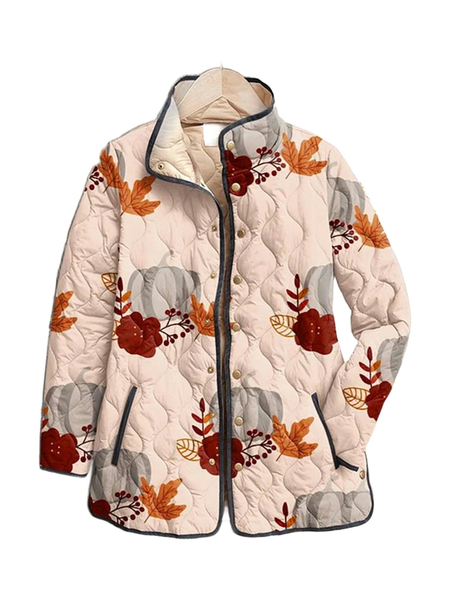 Nell quilted jacket in a blush harvest print with pumpkins and leaves, front view