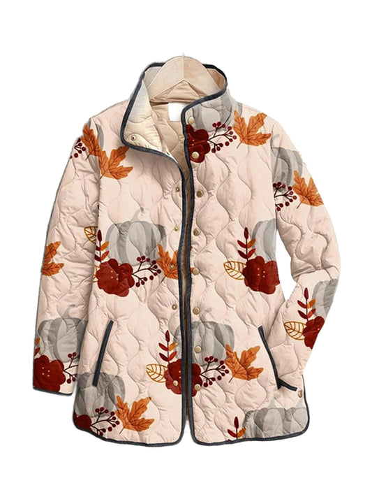 Nell quilted jacket in a blush harvest print with pumpkins and leaves, front view