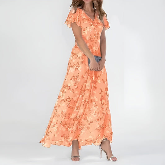 Shirley chiffon maxi dress in Orange, three-quarter front view