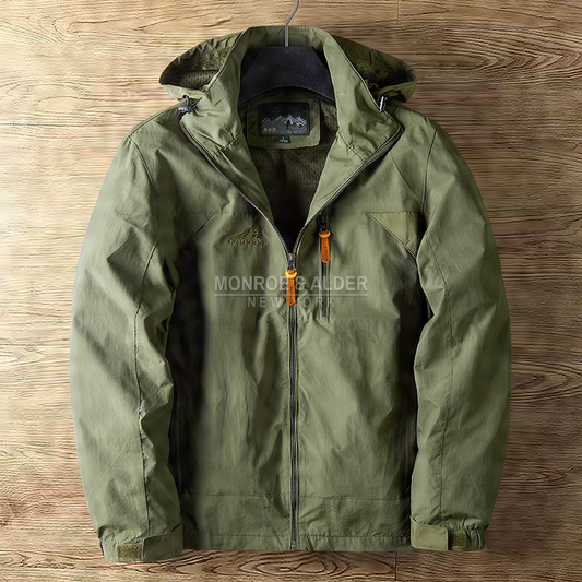 Garrett hooded jacket in olive green, front view on a hanger