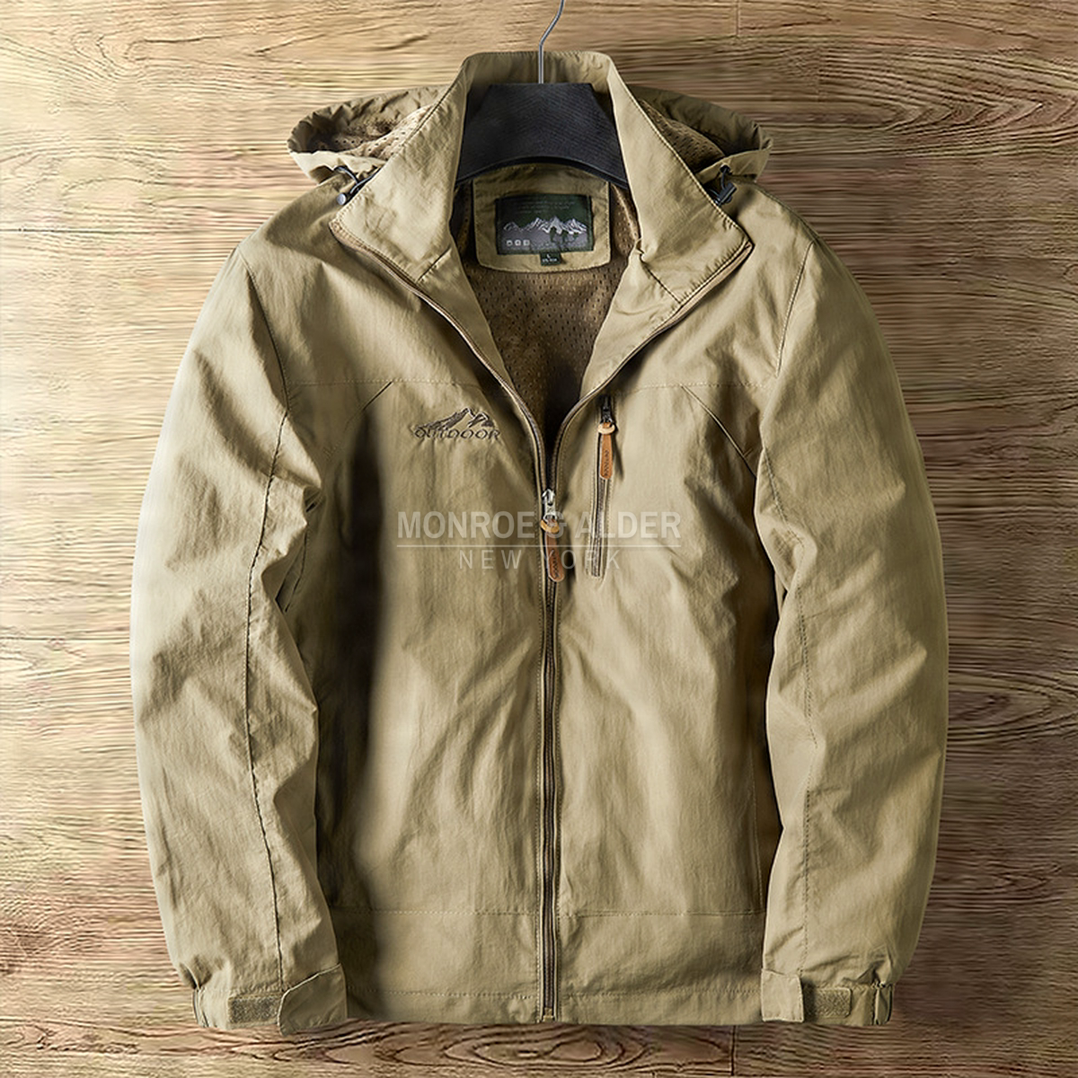 Garrett hooded jacket in tan, front view on a hanger