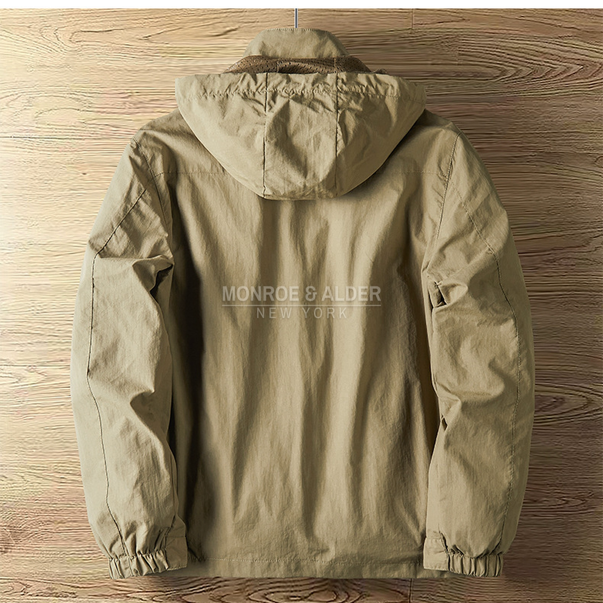 Back view of the Garrett jacket with the hood up