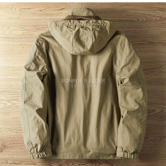 Back view of the Garrett jacket with the hood up