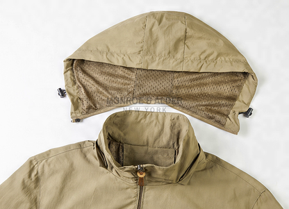 Detachable drawcord hood of the Garrett jacket, shown removed above the collar