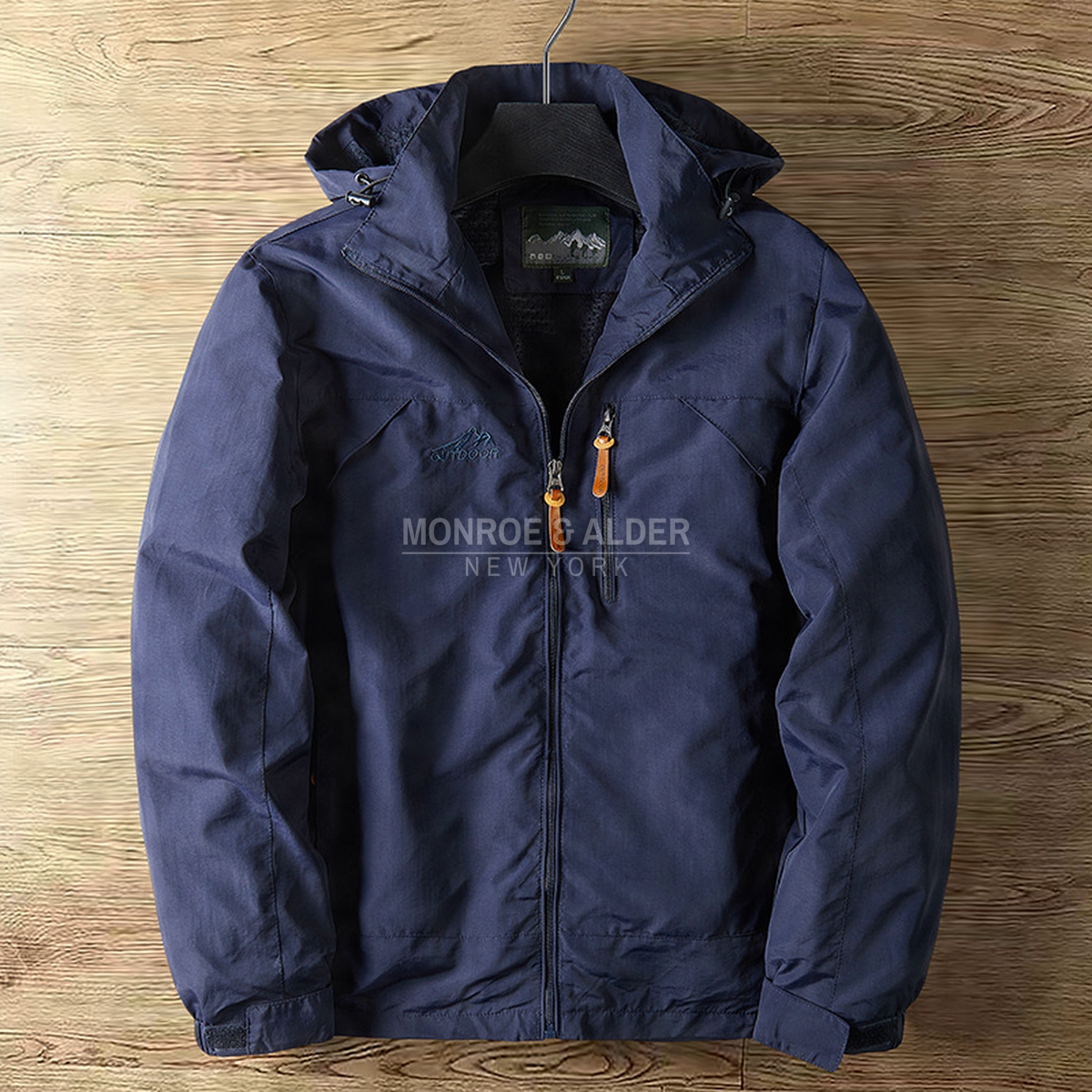 Garrett hooded jacket in navy, front view on a hanger